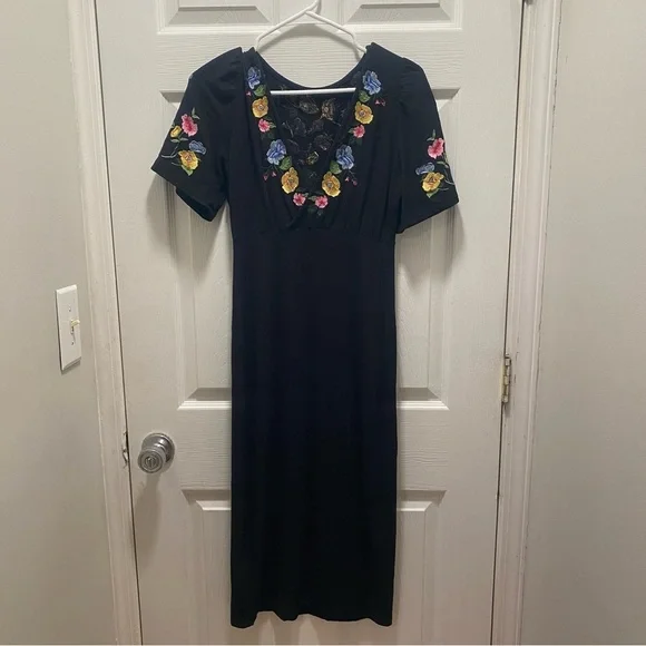 ASOS womens black floral embroidered surplice open back midi dress - Picture 5 of 6